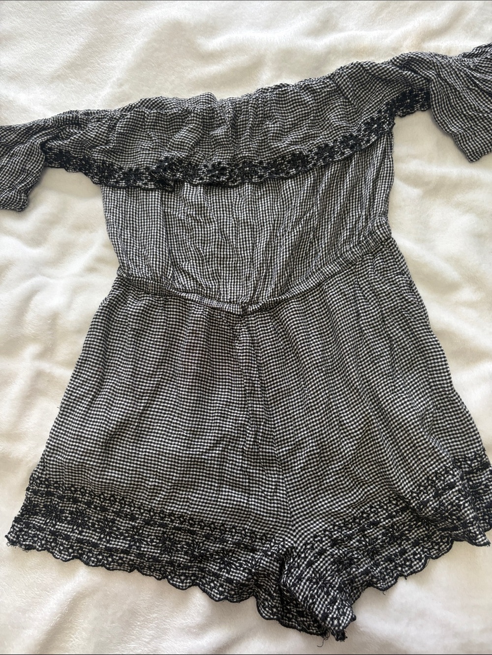 American Eagle Outfitters Black & White Gingham Off-Shoulder Romper